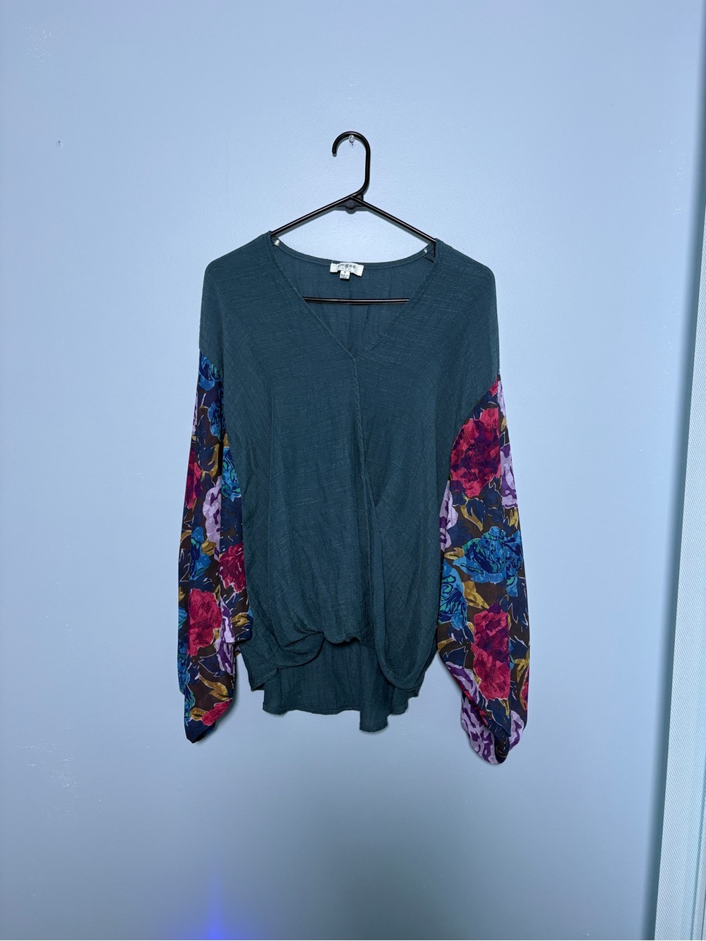 Umgee Teal V-Neck Pullover with Floral Balloon Sleeves